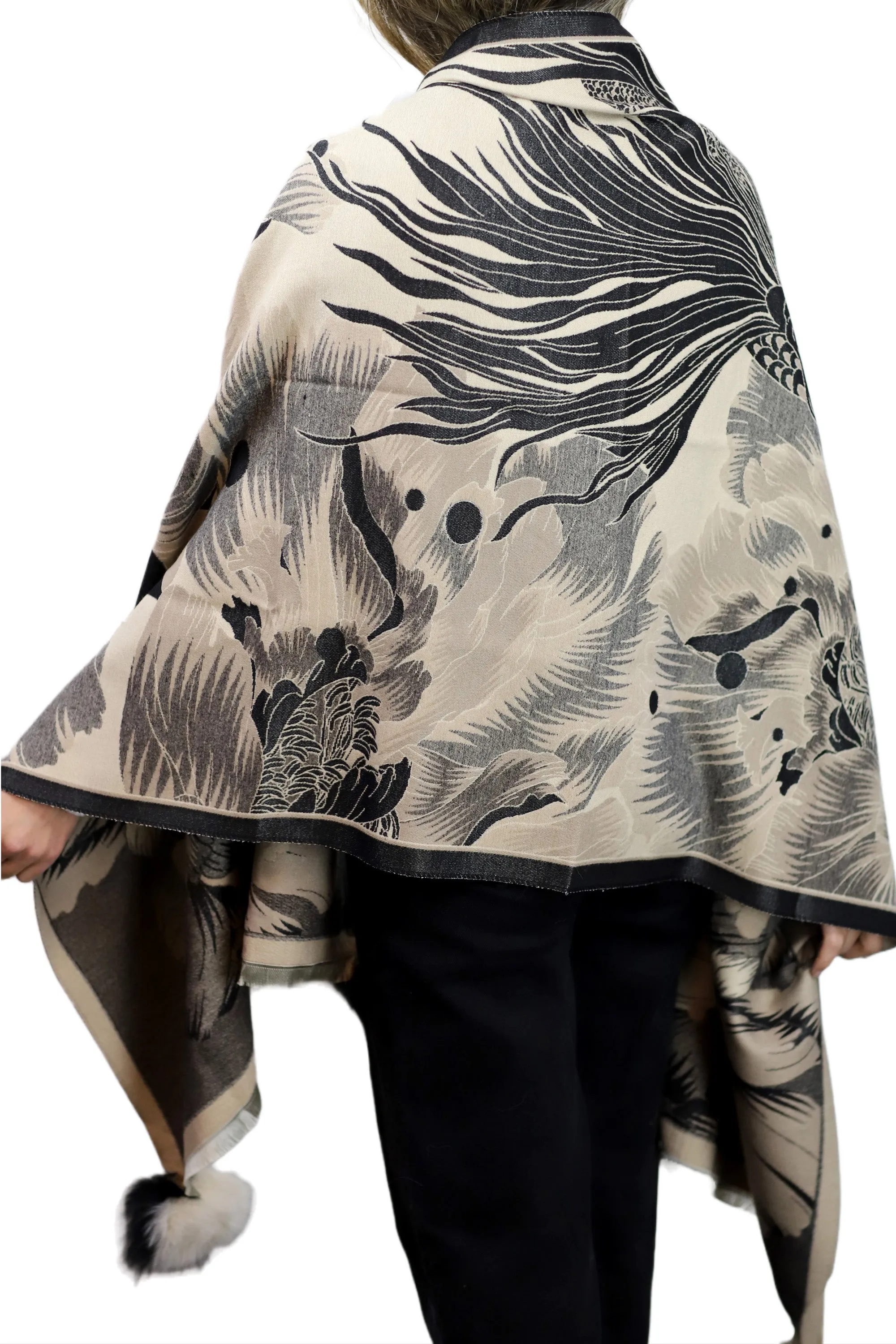 Oversized Floral Print Wrap with Fox Poms - Black & Beige