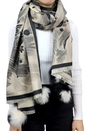 Oversized Floral Print Wrap with Fox Poms - Black & Beige