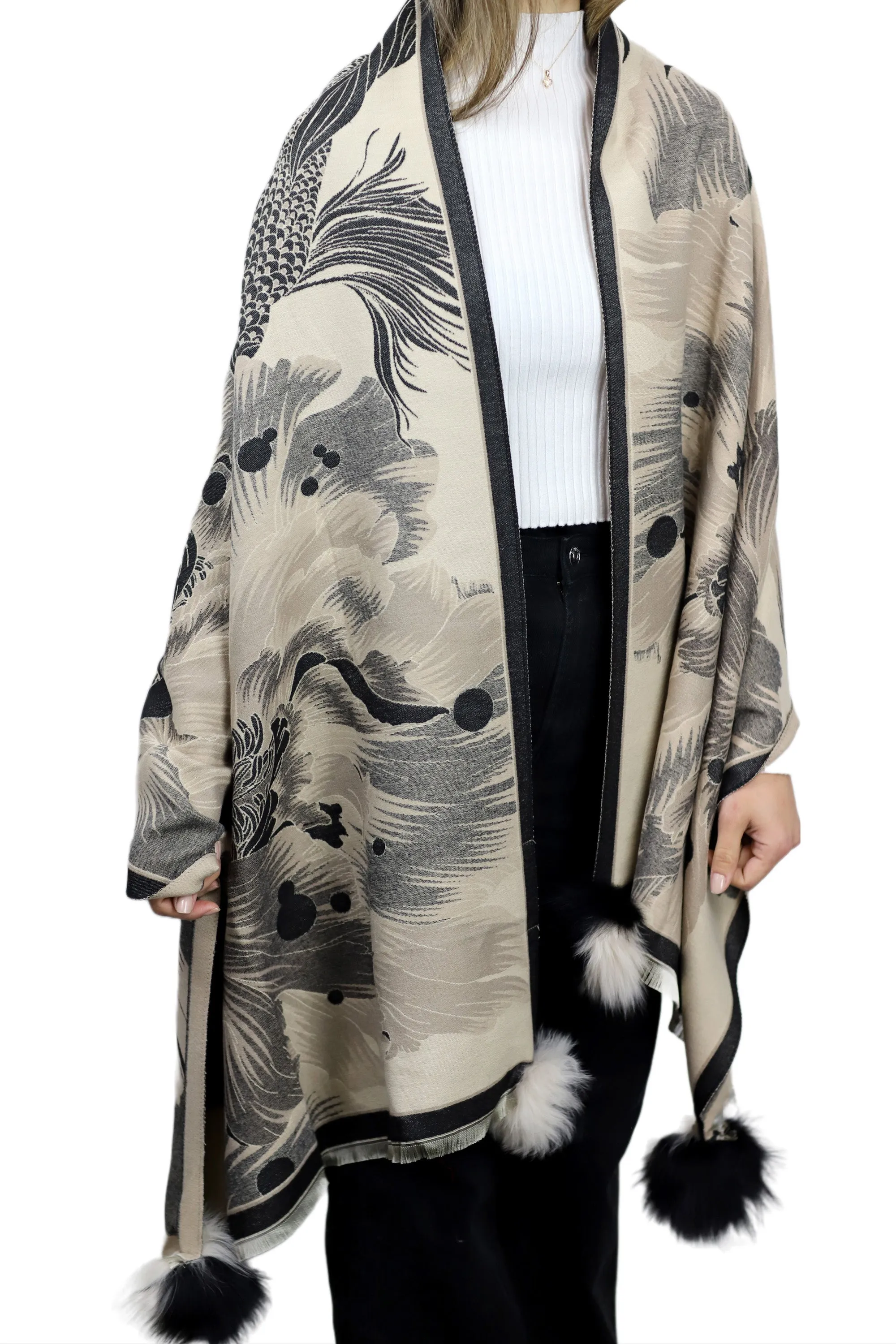 Oversized Floral Print Wrap with Fox Poms - Black & Beige