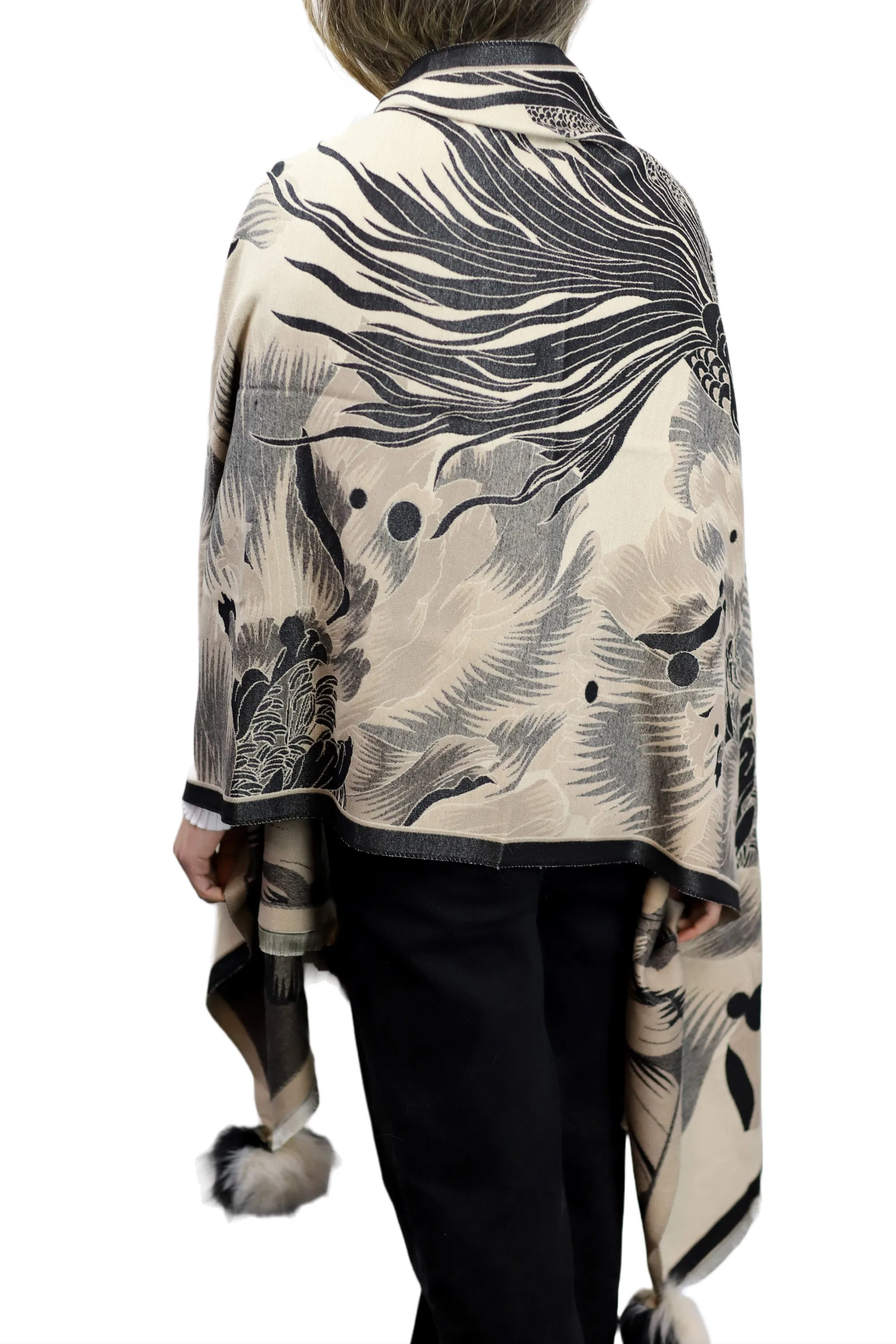 Oversized Floral Print Wrap with Fox Poms - Black & Beige