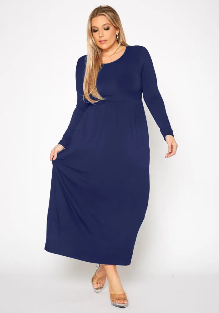Plus Size Women's Basic Long Sleeve Fit & Flare Maxi Dress