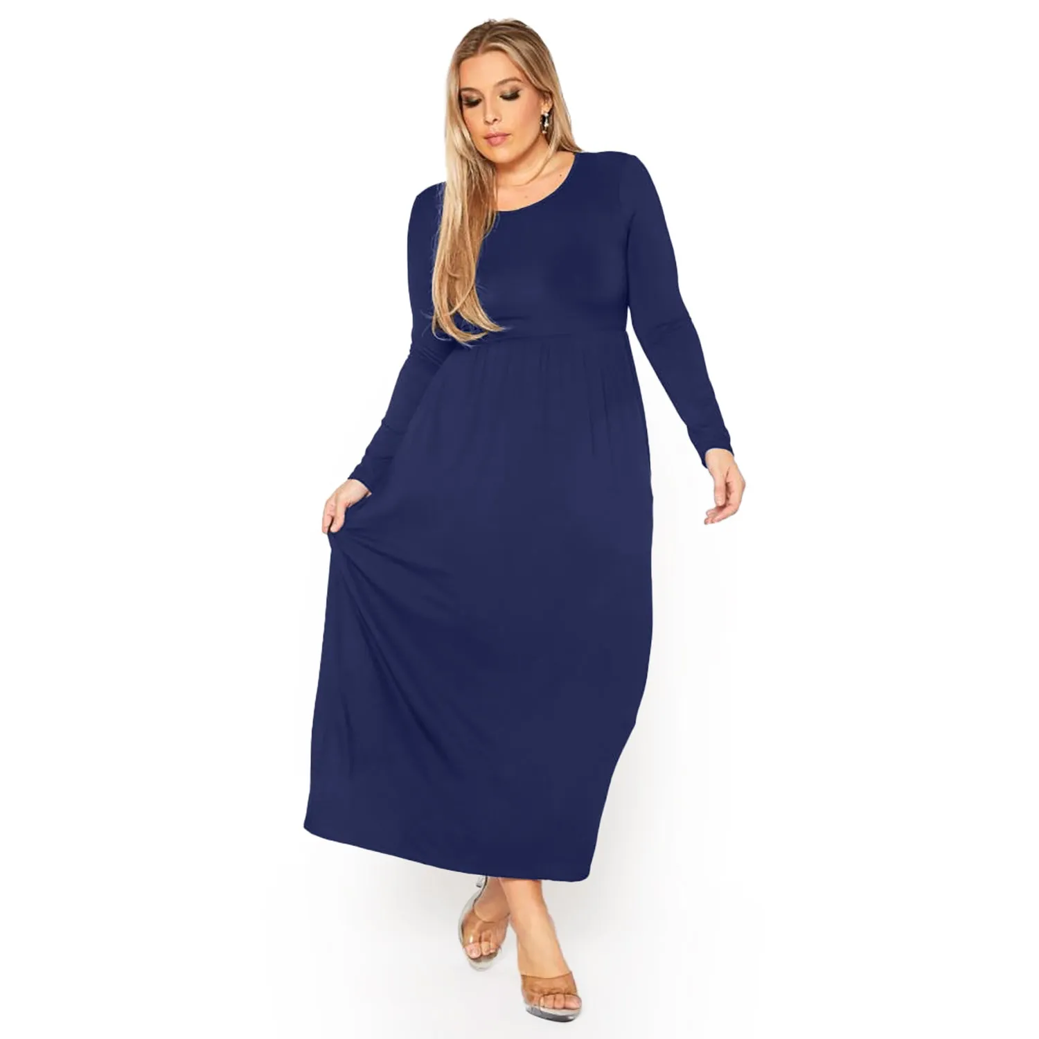 Plus Size Women's Basic Long Sleeve Fit & Flare Maxi Dress