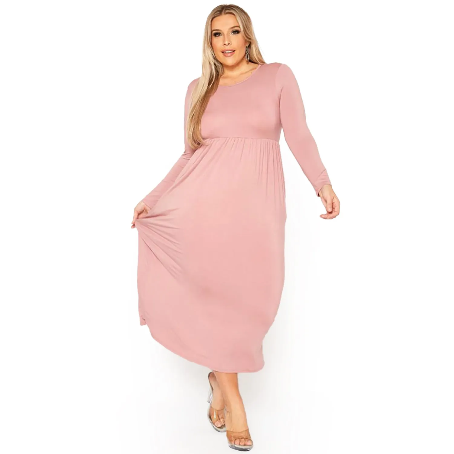 Plus Size Women's Basic Long Sleeve Fit & Flare Maxi Dress