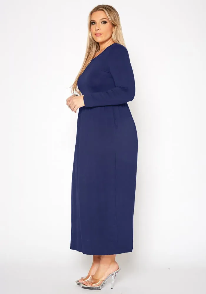 Plus Size Women's Basic Long Sleeve Fit & Flare Maxi Dress