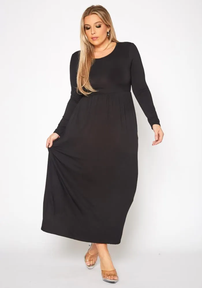 Plus Size Women's Basic Long Sleeve Fit & Flare Maxi Dress