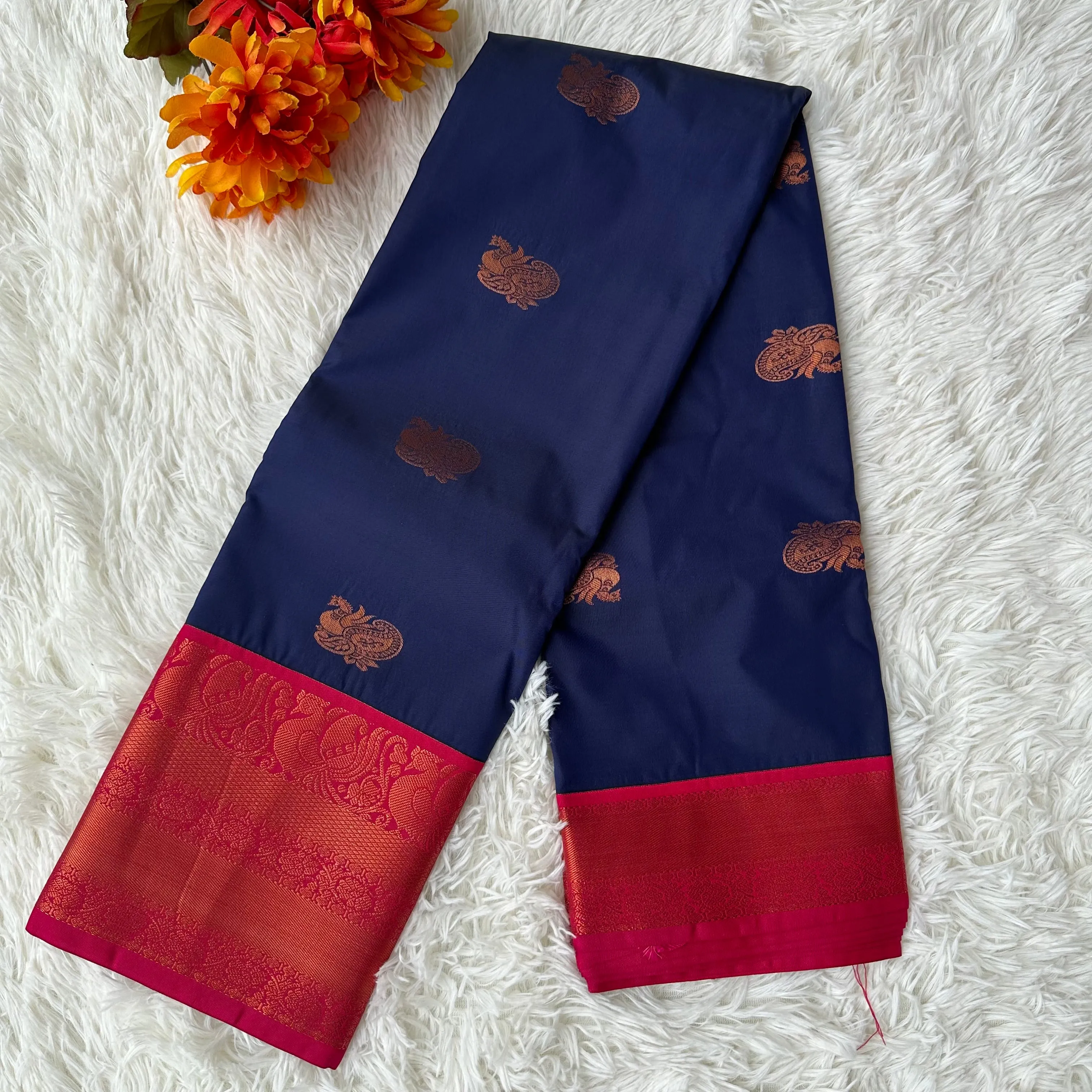 Pure Comfort: Dark Blue Semi-Silk Saree for Luxurious All-Day Wear