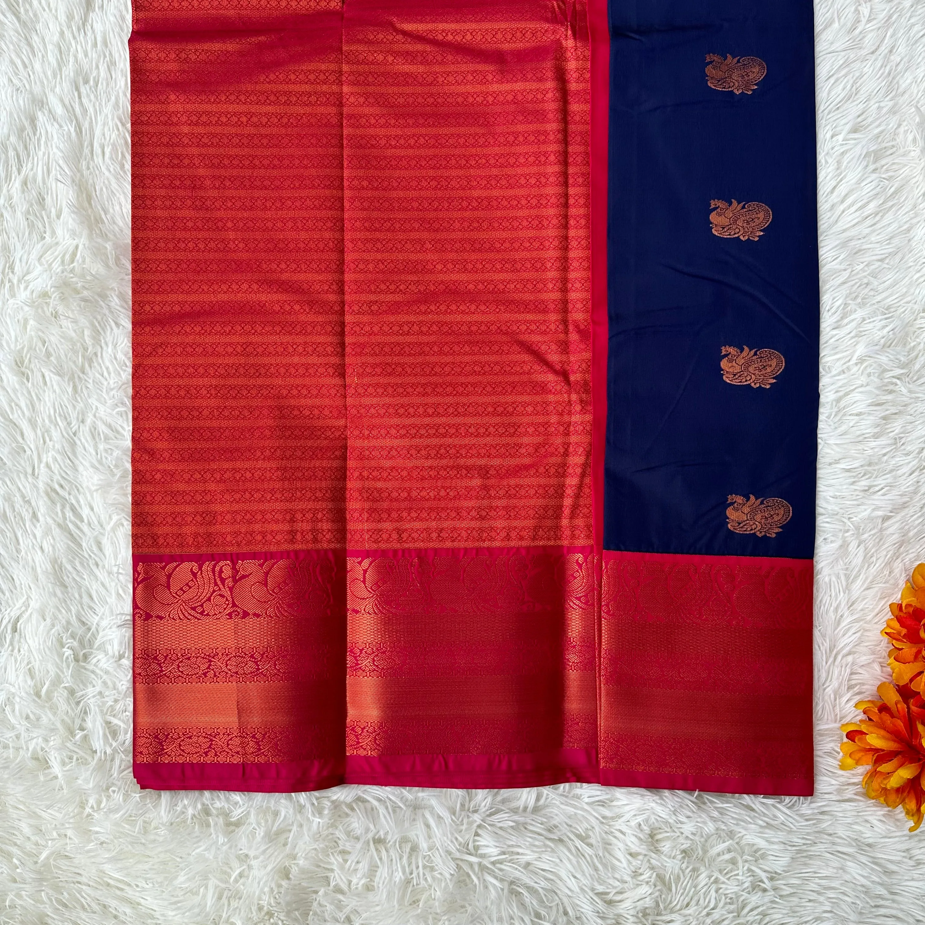 Pure Comfort: Dark Blue Semi-Silk Saree for Luxurious All-Day Wear