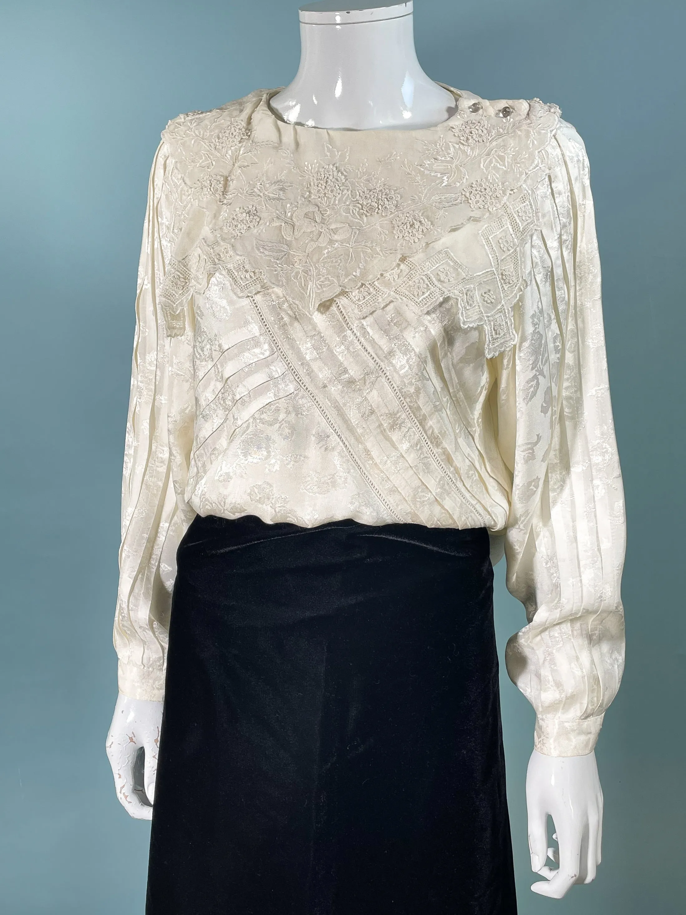 Rene Derhy Vintage 20s/30s Deco Style Blouson Blouse, Embroidered Collar S
