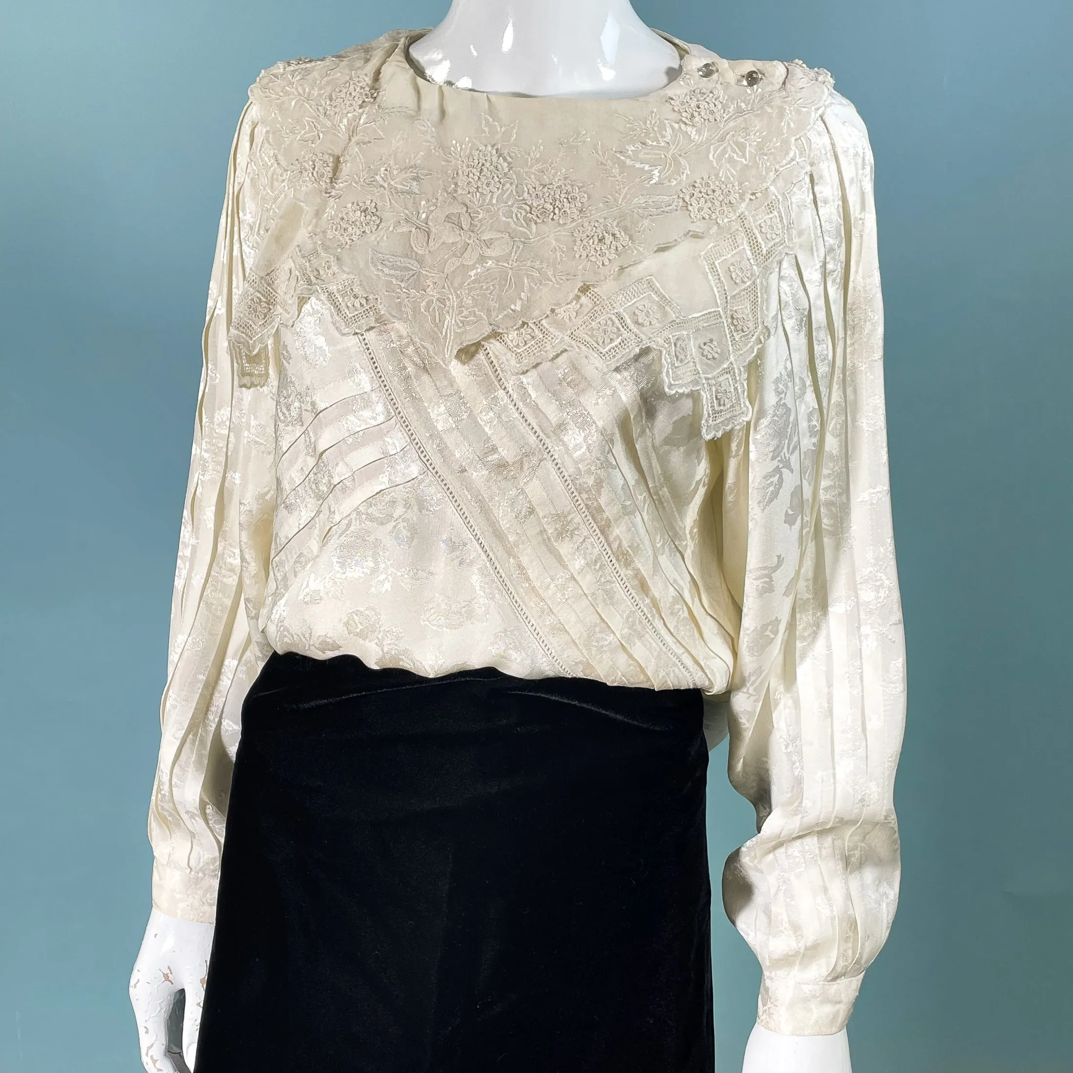 Rene Derhy Vintage 20s/30s Deco Style Blouson Blouse, Embroidered Collar S