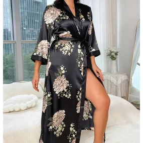 Sexy Deep V Neck Nightwear Silk Women Ladies Floral Print Silk Robe for Women
