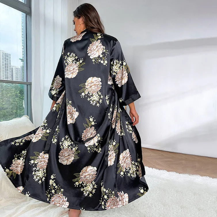 Sexy Deep V Neck Nightwear Silk Women Ladies Floral Print Silk Robe for Women