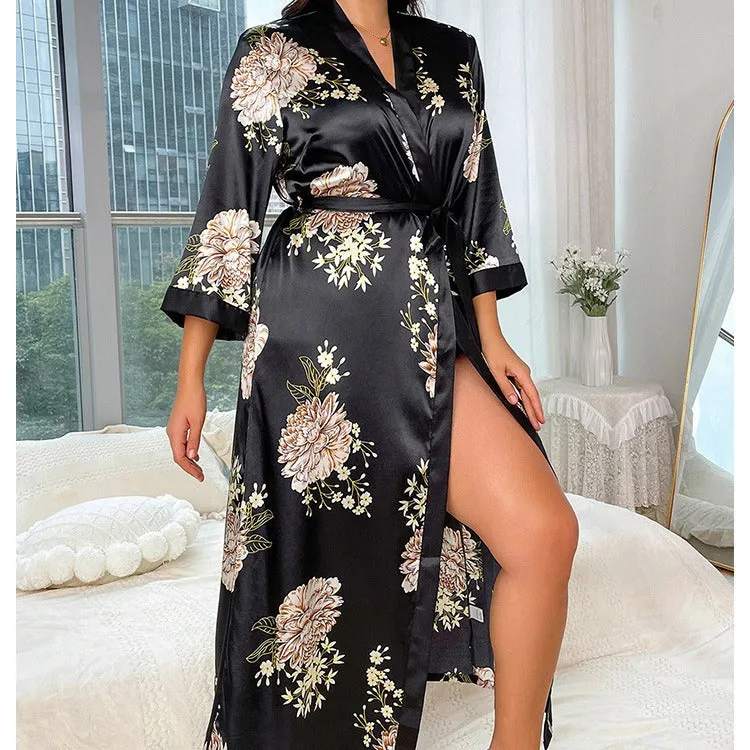 Sexy Deep V Neck Nightwear Silk Women Ladies Floral Print Silk Robe for Women