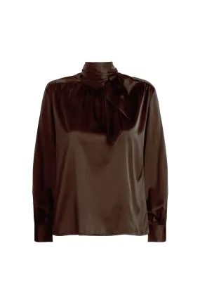 Elegant Brown Silk Blouse with Tie Neck