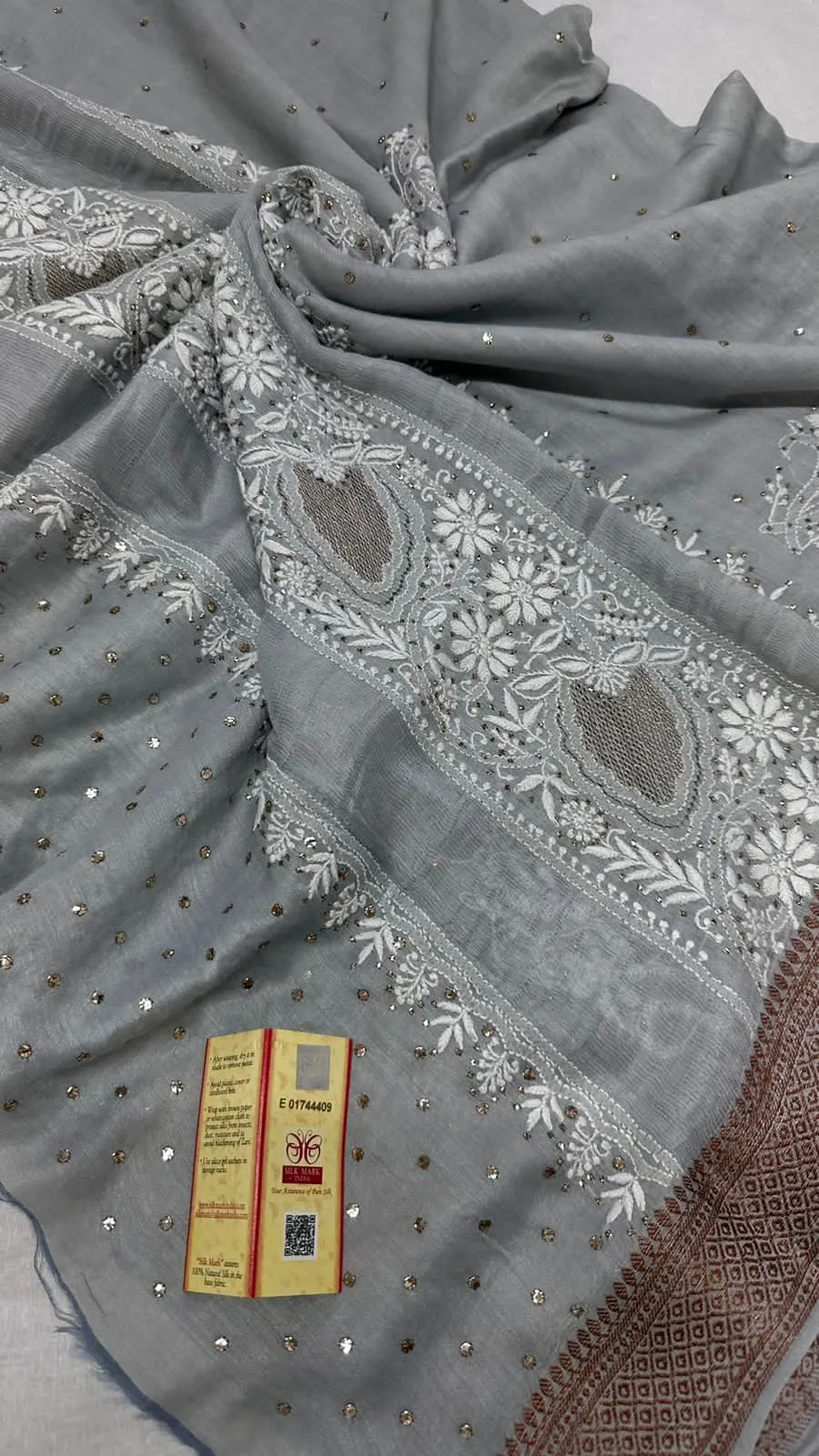 SOFT PURE MOONGA SILK, CHIKAN HAND EMBROIDERED SAREE