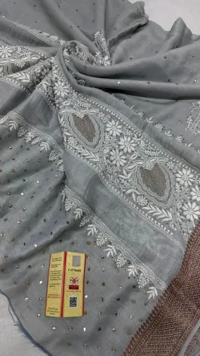SOFT PURE MOONGA SILK, CHIKAN HAND EMBROIDERED SAREE