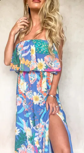 Tropical print strapless maxi dress