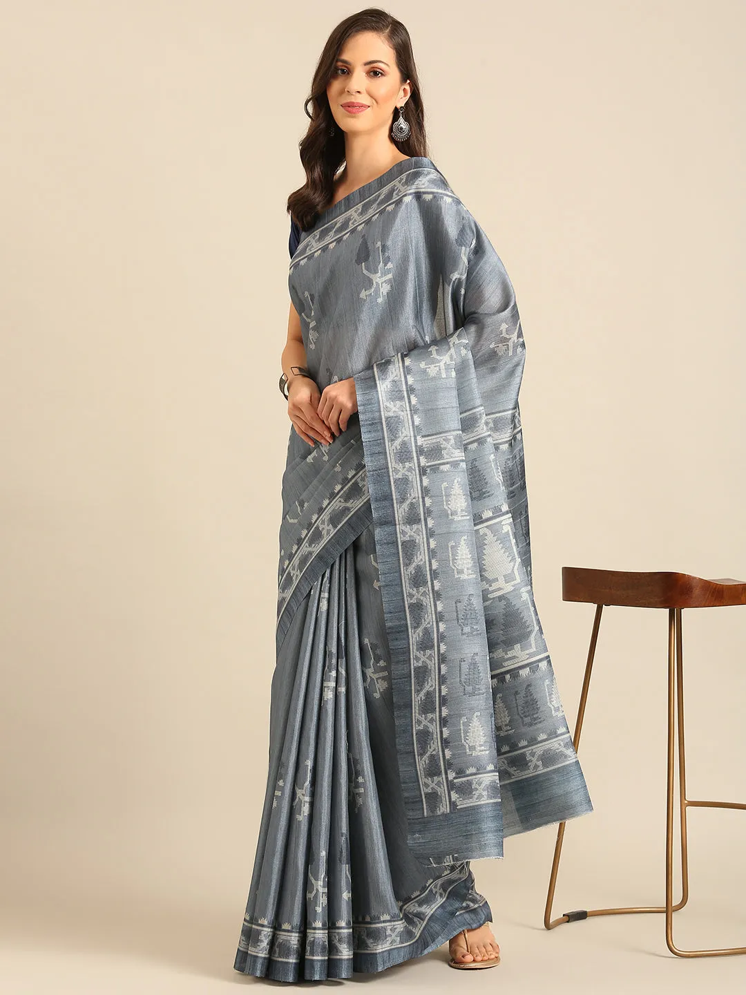 Women Grey Cotton Saree With Un Stitched Blouse