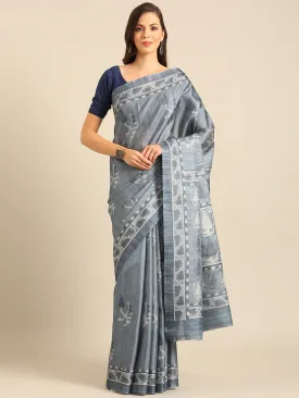 Women Grey Cotton Saree With Un Stitched Blouse