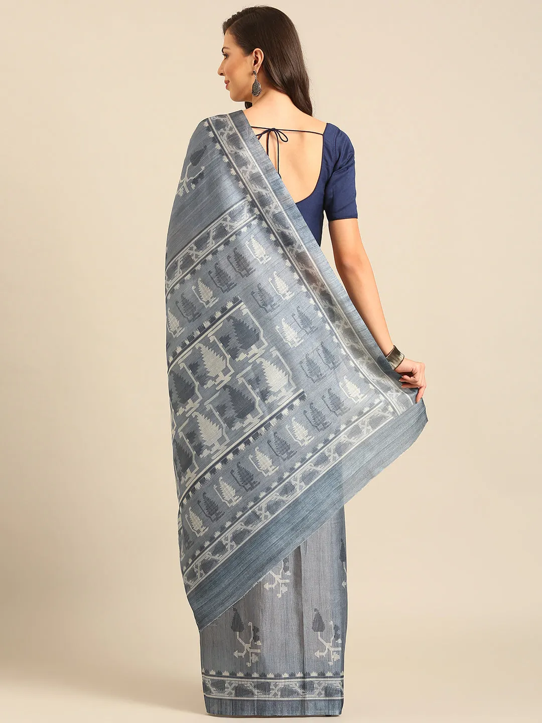 Women Grey Cotton Saree With Un Stitched Blouse