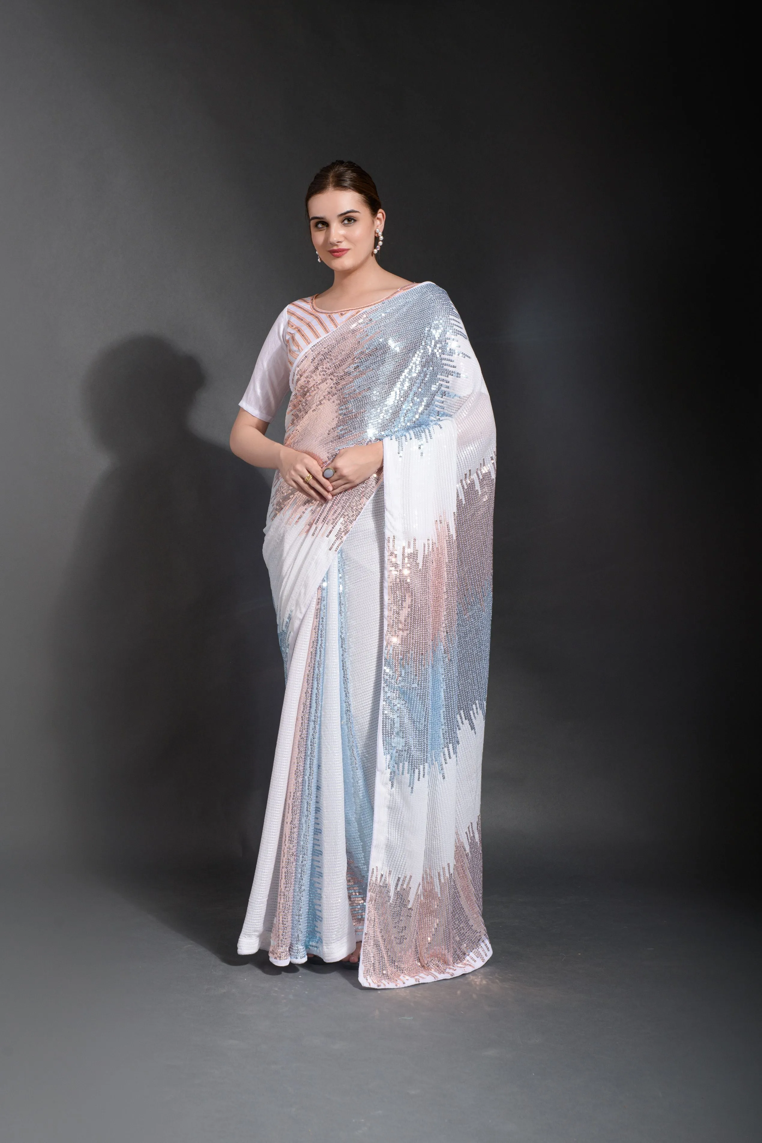 Women Party Wear Designer Sky Blue Colour Heavy Georgette Fabric Sequence Embroidery Worked Saree Collection