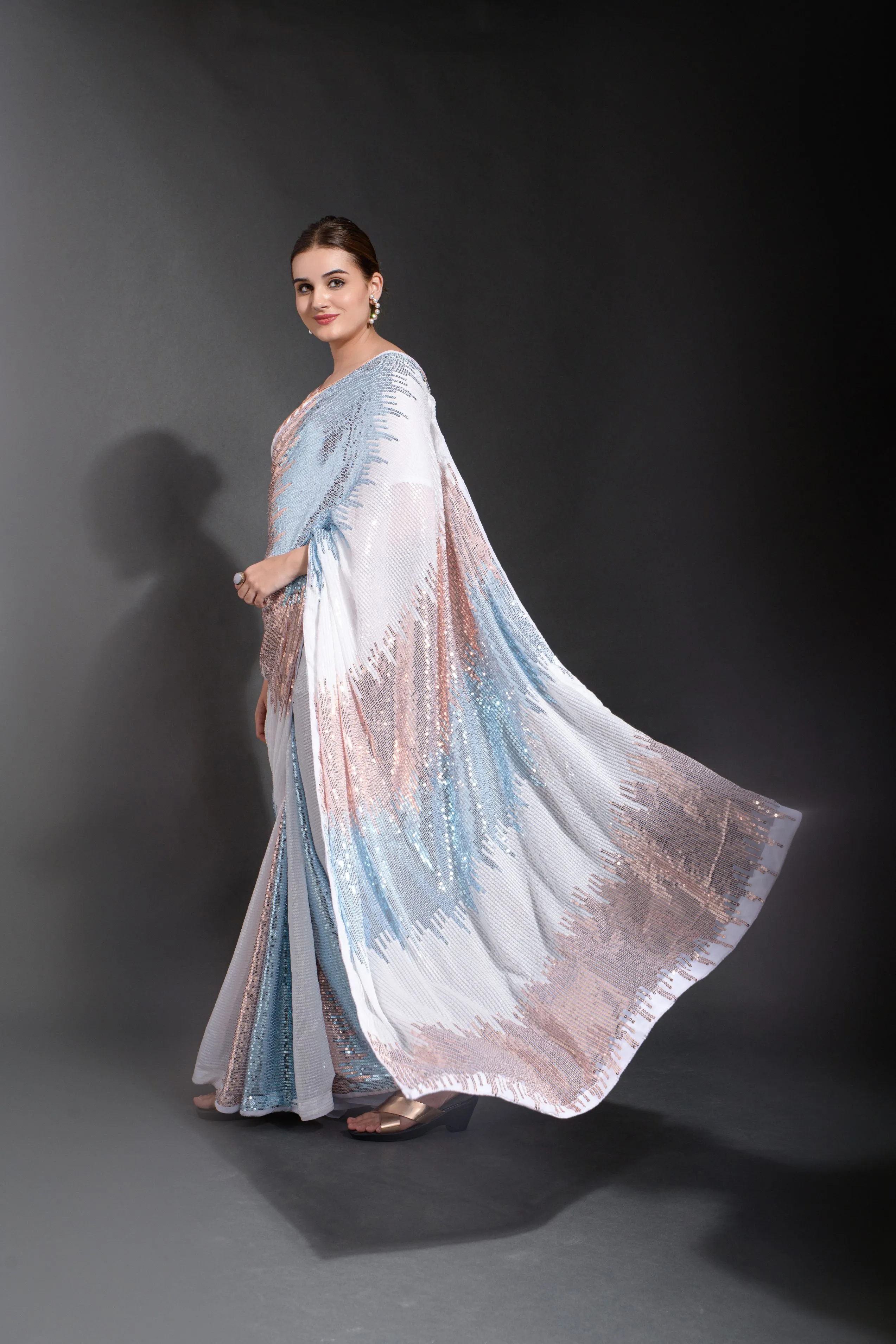 Women Party Wear Designer Sky Blue Colour Heavy Georgette Fabric Sequence Embroidery Worked Saree Collection