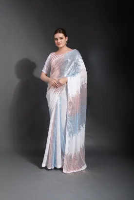 Women Party Wear Designer Sky Blue Colour Heavy Georgette Fabric Sequence Embroidery Worked Saree Collection