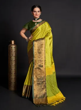 Women Party Wear Weaving Soft Silk Yellow & Green colour Saree with Un-Stitched Blouse