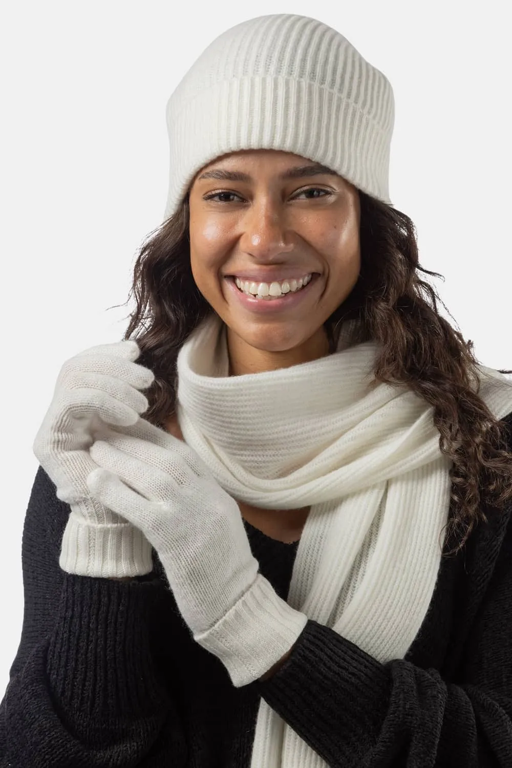 Womens 3-Piece 100% Cashmere Set - Ribbed Beanie, Gloves & Scarf with Gift Box