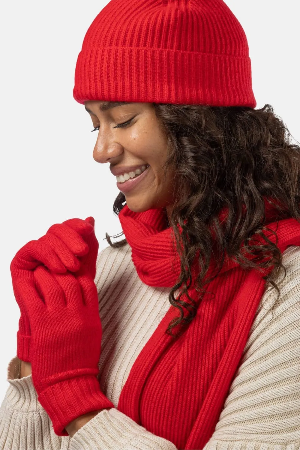 Womens 3-Piece 100% Cashmere Set - Ribbed Beanie, Gloves & Scarf with Gift Box