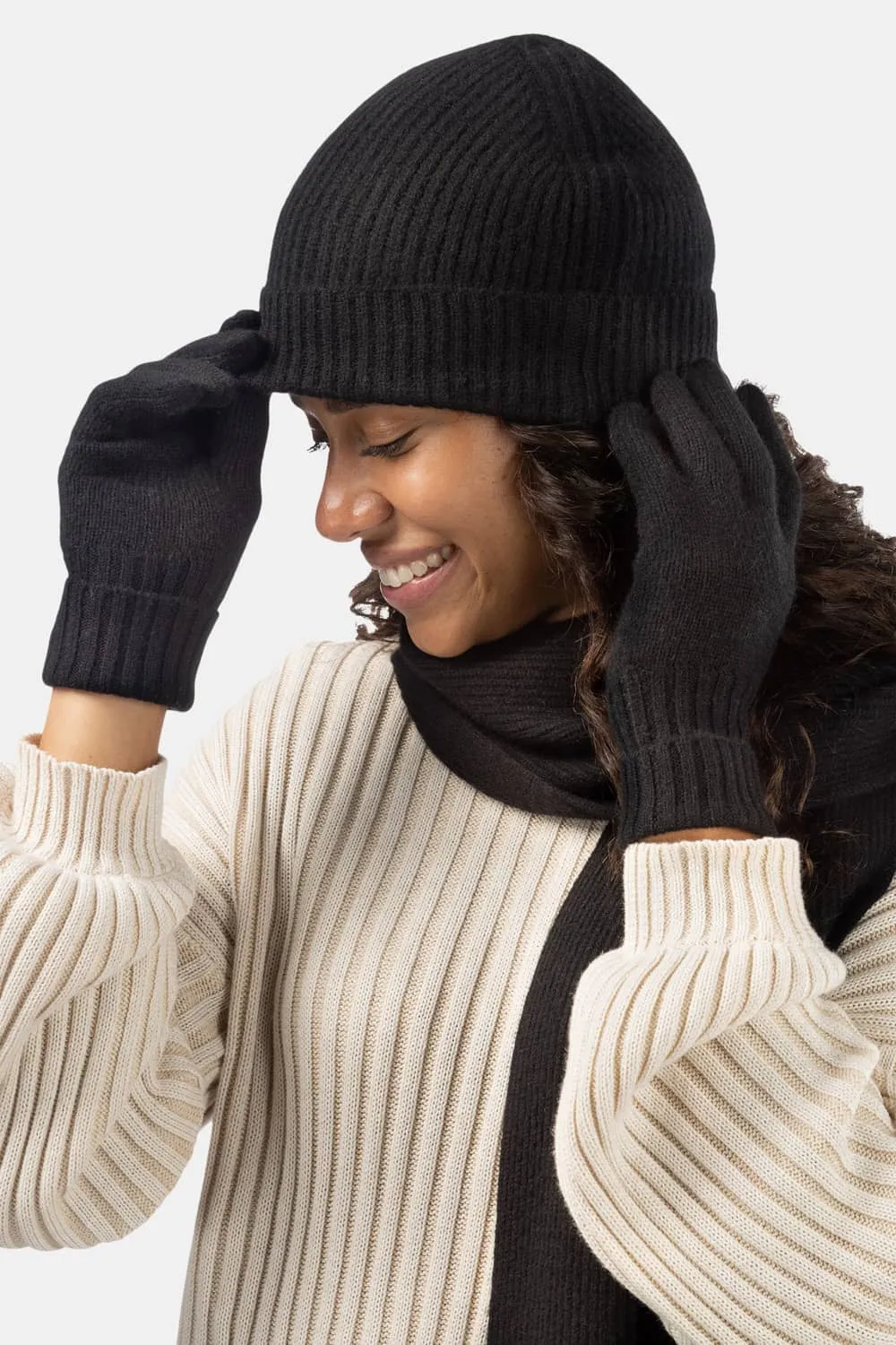Womens 3-Piece 100% Cashmere Set - Ribbed Beanie, Gloves & Scarf with Gift Box