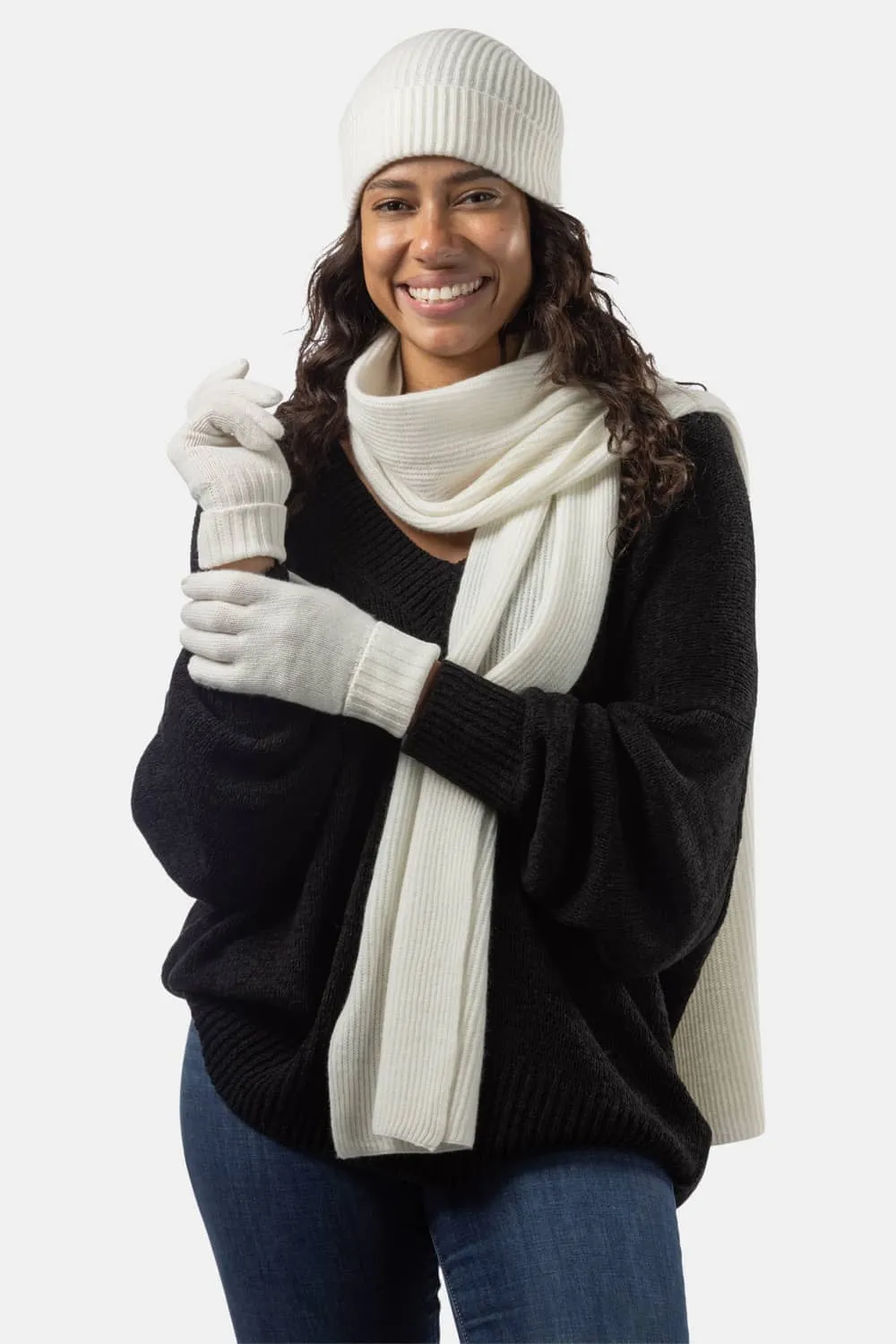 Womens 3-Piece 100% Cashmere Set - Ribbed Beanie, Gloves & Scarf with Gift Box