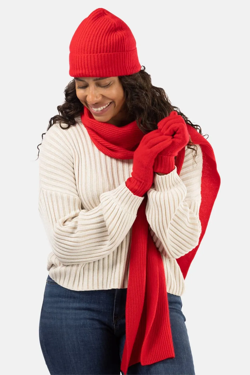 Womens 3-Piece 100% Cashmere Set - Ribbed Beanie, Gloves & Scarf with Gift Box