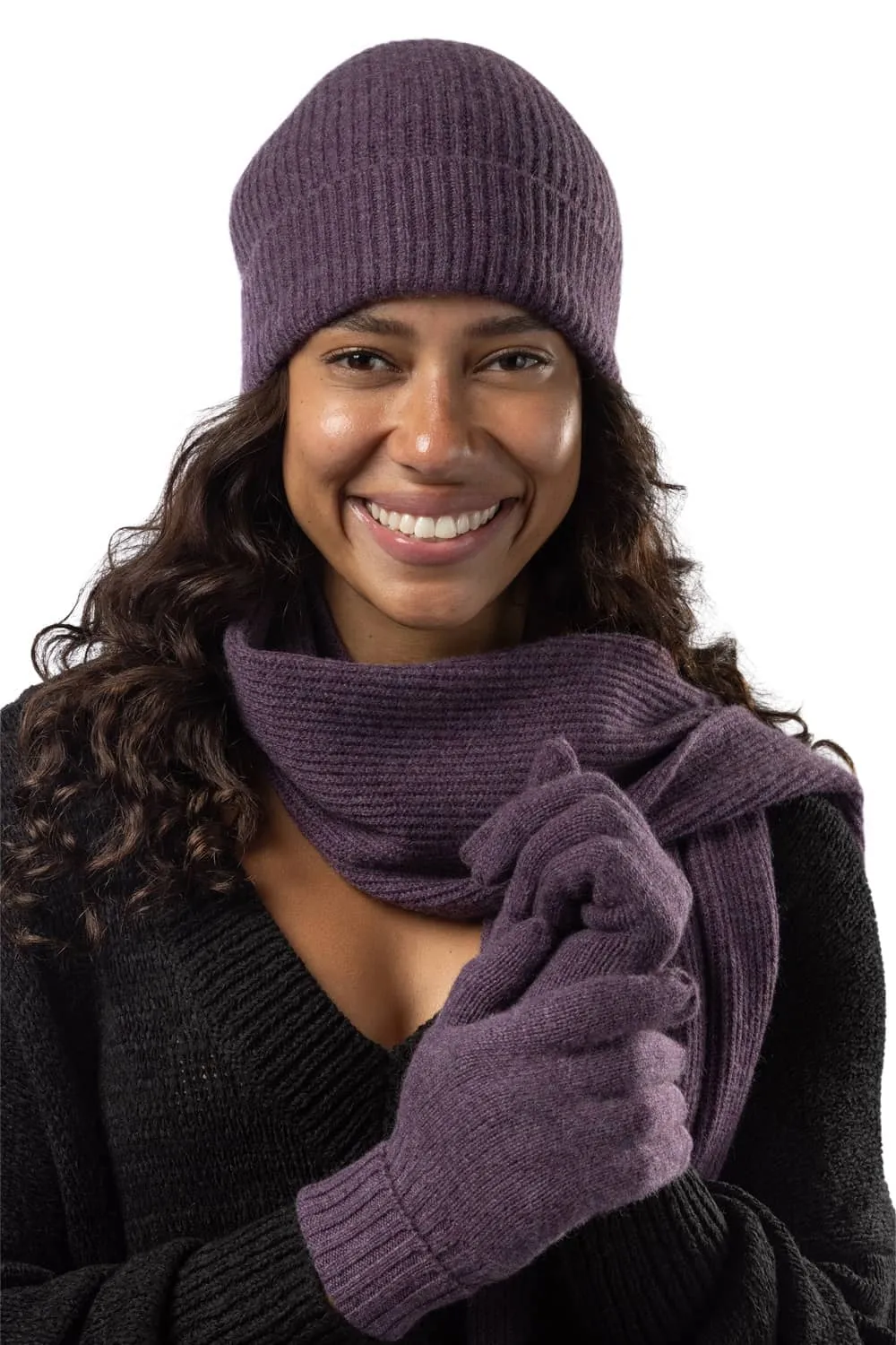 Womens 3-Piece 100% Cashmere Set - Ribbed Beanie, Gloves & Scarf with Gift Box