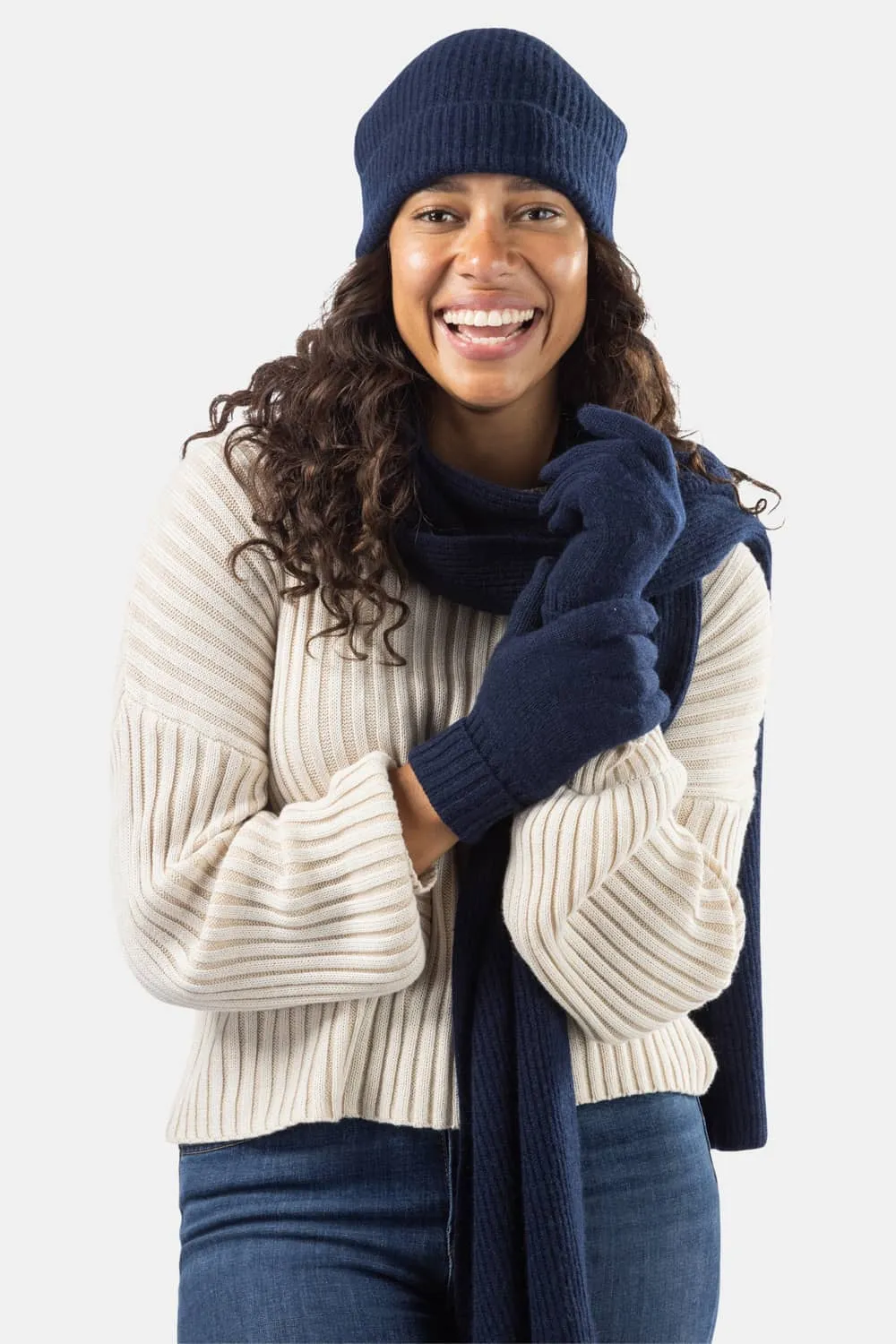 Womens 3-Piece 100% Cashmere Set - Ribbed Beanie, Gloves & Scarf with Gift Box