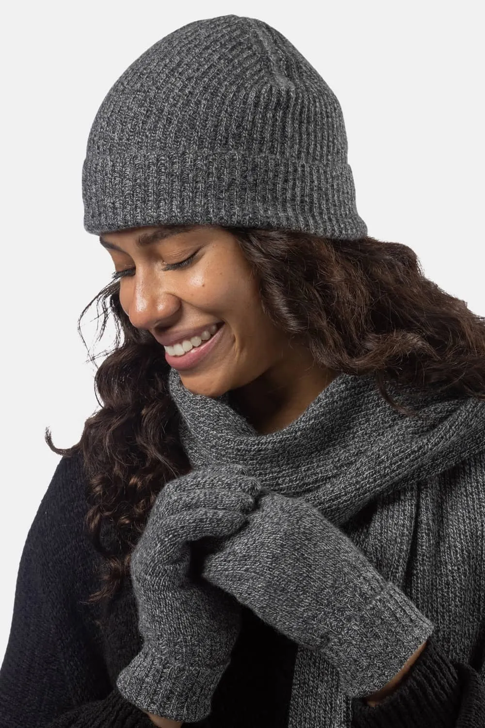 Womens 3-Piece 100% Cashmere Set - Ribbed Beanie, Gloves & Scarf with Gift Box