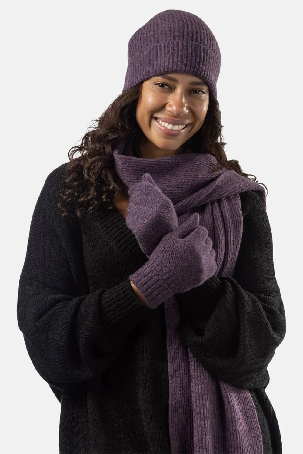 Womens 3-Piece 100% Cashmere Set - Ribbed Beanie, Gloves & Scarf with Gift Box