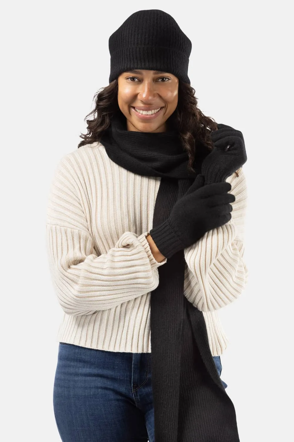 Womens 3-Piece 100% Cashmere Set - Ribbed Beanie, Gloves & Scarf with Gift Box