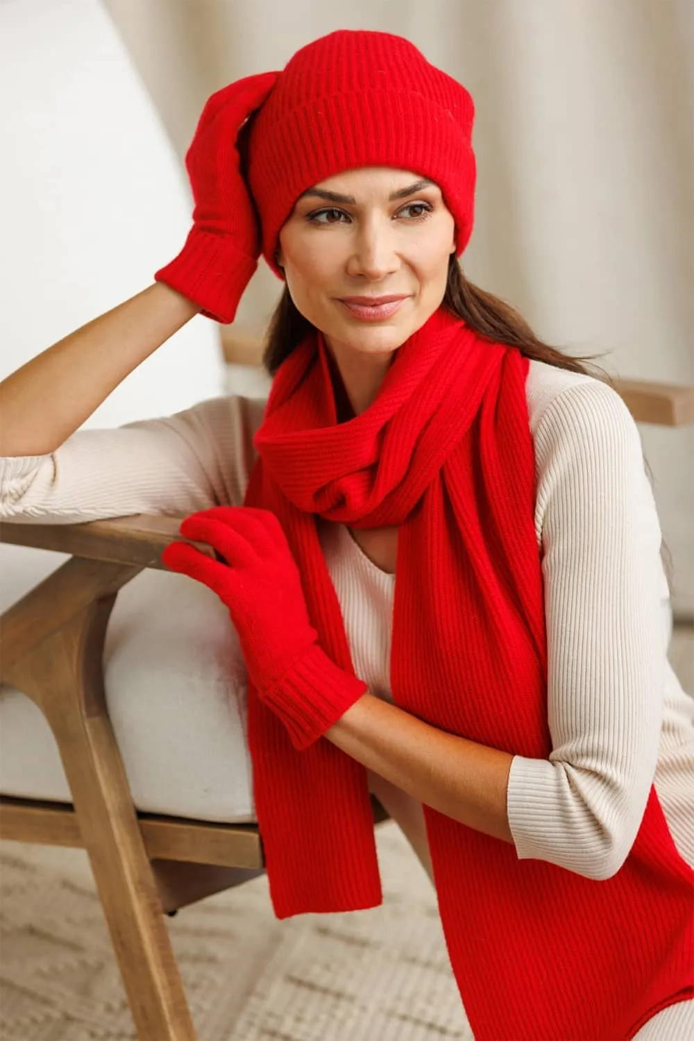 Womens 3-Piece 100% Cashmere Set - Ribbed Beanie, Gloves & Scarf with Gift Box