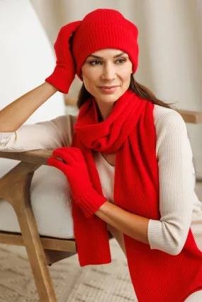 Womens 3-Piece 100% Cashmere Set - Ribbed Beanie, Gloves & Scarf with Gift Box