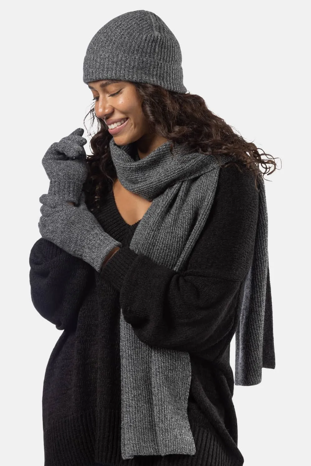 Womens 3-Piece 100% Cashmere Set - Ribbed Beanie, Gloves & Scarf with Gift Box