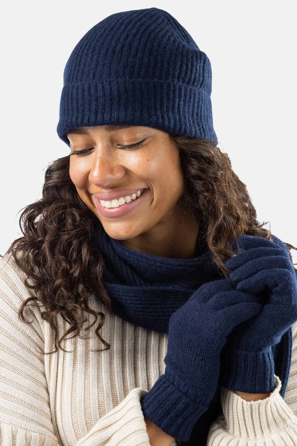 Womens 3-Piece 100% Cashmere Set - Ribbed Beanie, Gloves & Scarf with Gift Box